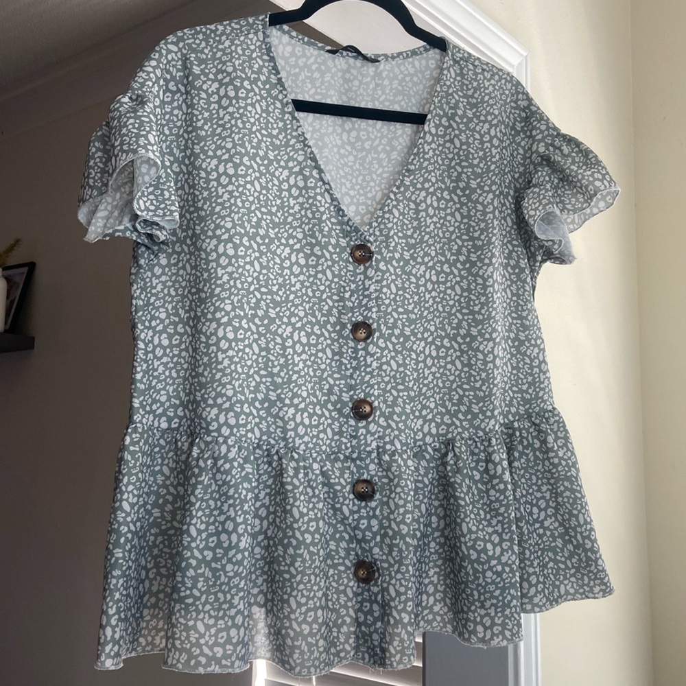 Animal Print Mint Green Ruffle Short Sleeve Blouse